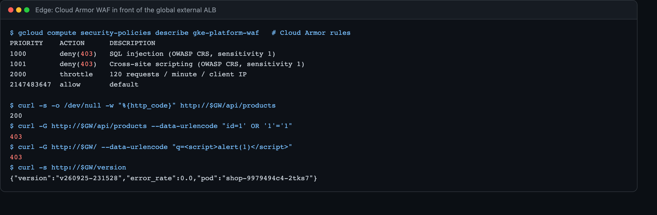 Cloud Armor blocking SQL injection and XSS payloads at the Gateway edge