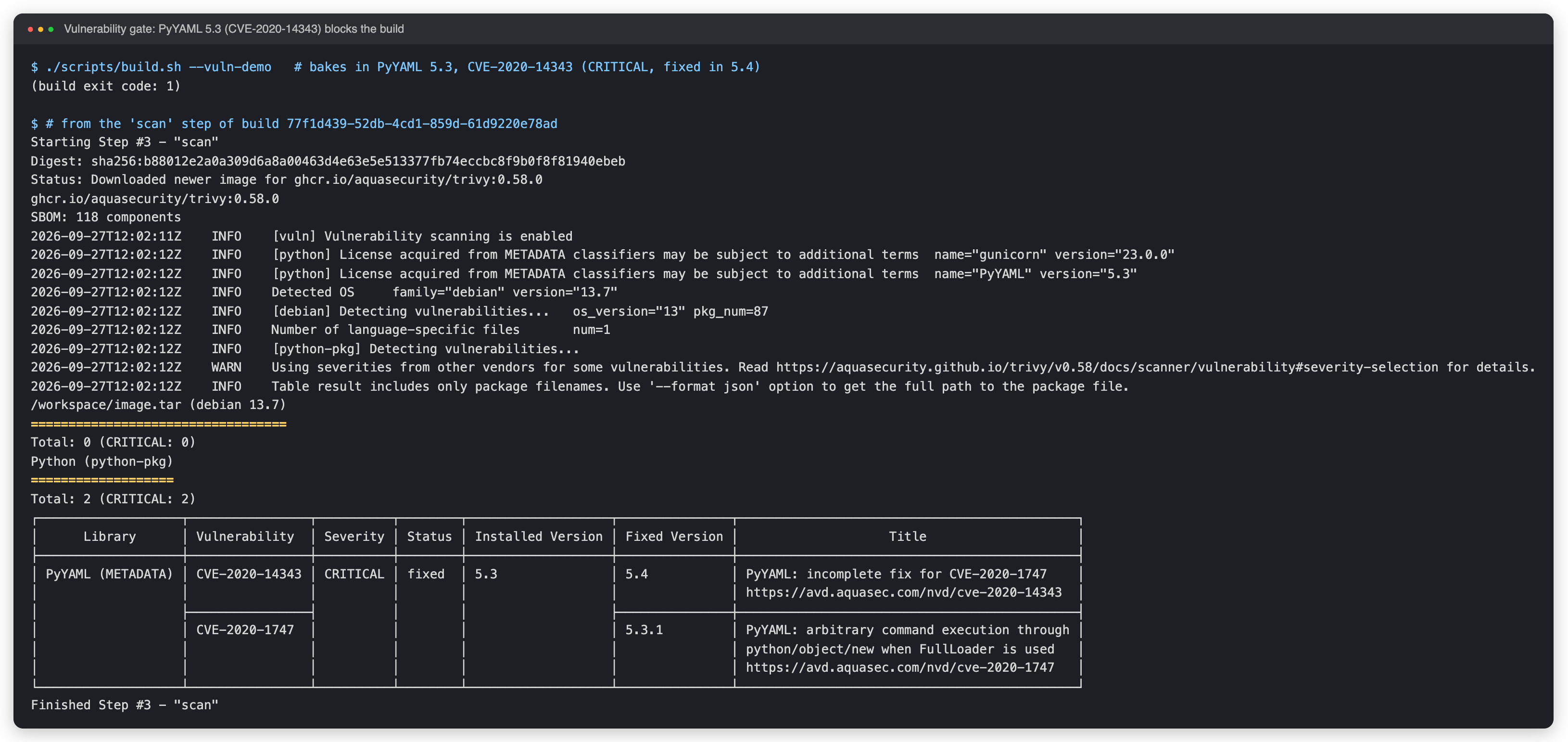 Trivy vulnerability gate failing a build on a CRITICAL fixable vulnerability, before push